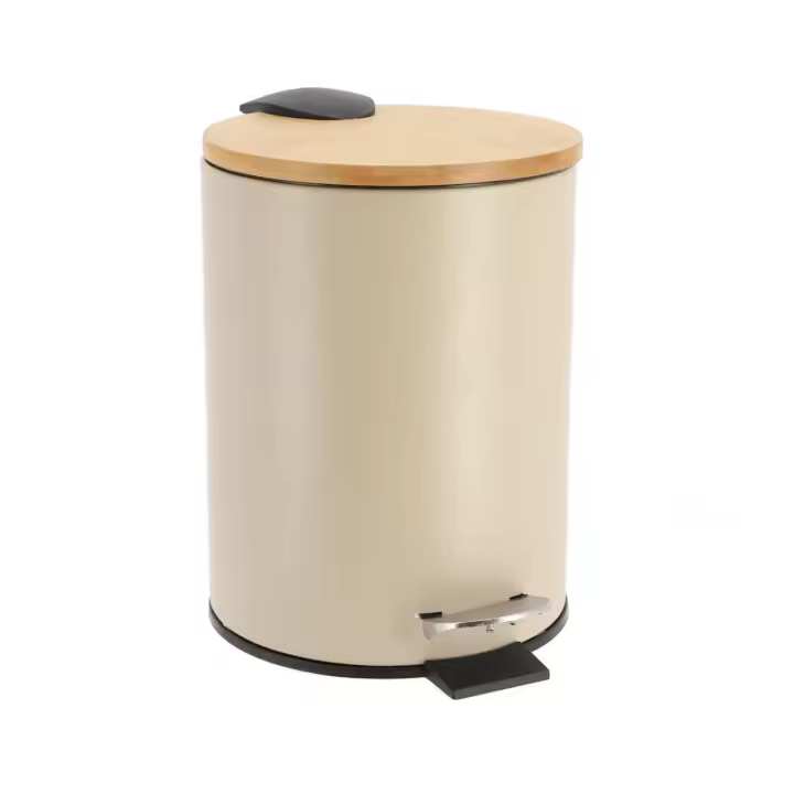 Cubo de basura Metal Con Tapa Bambú Caída Amortiguada 3 L, Papelera con pedal pequeño para Baño - 1