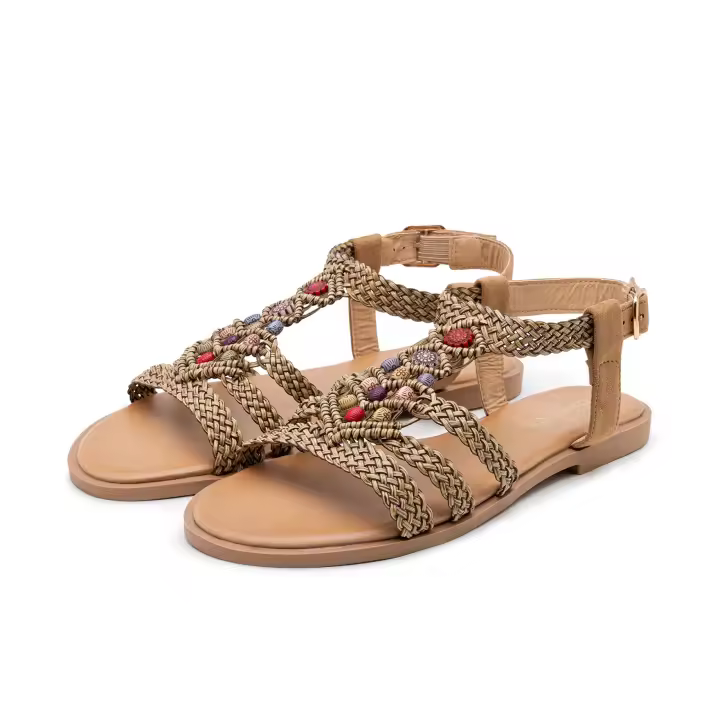 Sandalias Mujer Planas Tira Trenzada Bolas Multicolor - 1