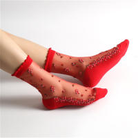 Calcetines De Encaje Transparentes Y Transpirables Para Mujer Ultra Delgados Con Bordado De Rosas De Cristal Para Verano Moda Calcetines De Algodón Y Poliéster Elásticos - details 2