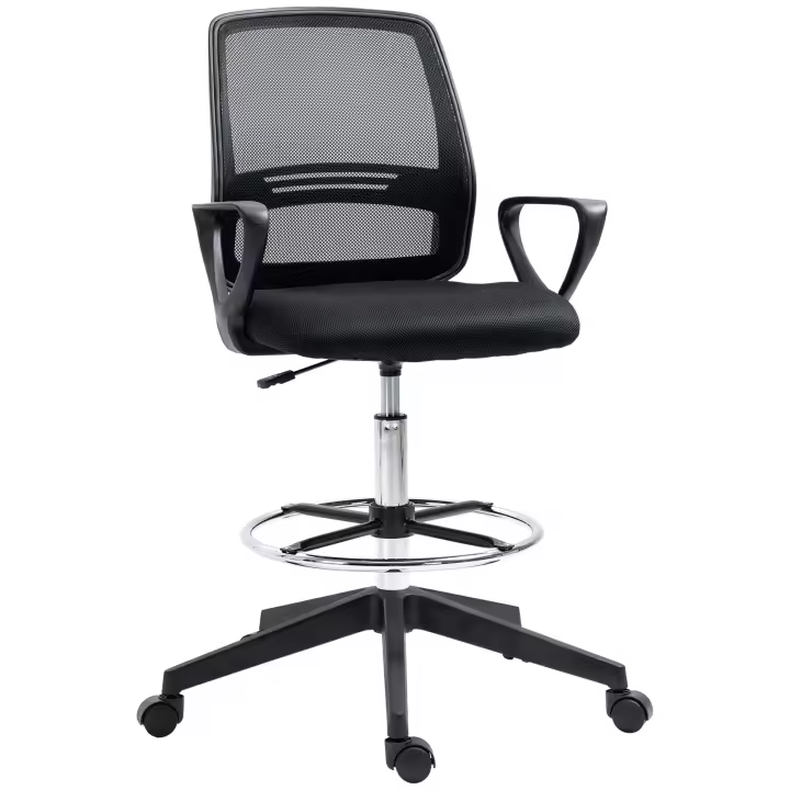 Vinsetto Silla de trabajo Silla giratoria ergonómica Silla de oficina Ayuda de pie de altura regulable con reposapiés metal negro 59,5 x 60 x 102,5-126 cm - 1