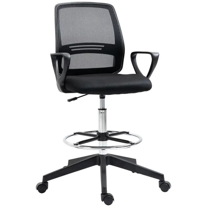 Vinsetto Silla de trabajo Silla giratoria ergonómica Silla de oficina Ayuda de pie de altura regulable con reposapiés metal negro 59,5 x 60 x 102,5-126 cm - 1