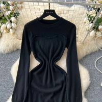 Vestido Rosa Francés De Estilo Simple Para Damas Con Cuello En V Manga Larga Sólido Suave Ajustado Casual De Otoño Vestido Largo De Hogar - details 5