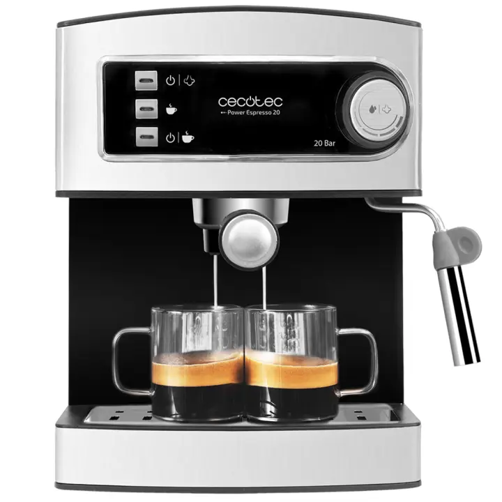 Cafetera Cecotec Power Espresso 20, Máquina de café expresso, 20 bares, 850 W, vaporizador, 2 tazas, superficie calienta tazas, indicadores luminosos, acero inoxidable - 1