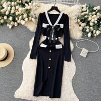 YuooMuoo Vestido Elegante Bodycon Para Mujer Con Cuello V Y Lazo Manga Larga Split Frontal Estilo Oficina Lady Chic Para Fiesta Y Trabajo - details 26