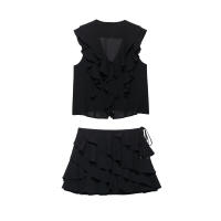 Conjunto De Moda Para Mujer UNIZERA Verano Sin Mangas Cuello En V Skirt Y Pantalones Estilo Nuevo Decoración Pila Blusa Casual A-Line - details 3