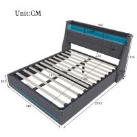 Cama baúl con somier, puertos USB Type-C y luz LED, tapizada en lino gris, 140x200 cm - details 1
