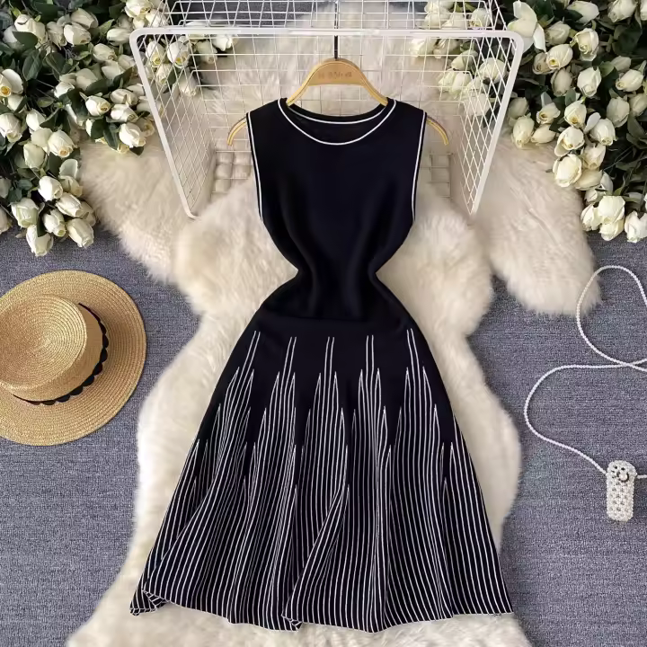 YuooMuoo Vestido Sin Mangas De Hombre Casual Para Verano Blanco Y Negro A-Line O-Cuello Cierre De Pulsera Longitud De Rodilla - 1