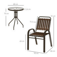 Outsunny Conjunto Jardín Exterior de 3 Piezas Juego de Muebles de Jardín con 2 Sillas Apilables Mesa con Encimera de Vidrio Templado y Estructura de Acero para Terraza Patio Balcón Marrón Oscuro - details 2