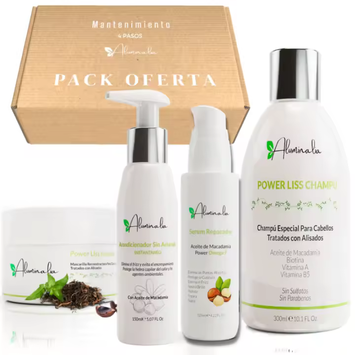 Kit Capilar 4 Pasos Mantenimiento Cabello Sin sulfatos Ni Parabenos 100% Vegano - Champú + Mascarilla + Serum + Acondicionador Sin Aclarado Aluminalia - 1