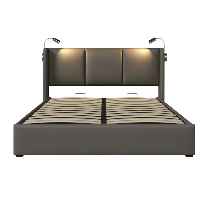 Somier Cama Juvenil PU 140x200 with somier (with colchón) Cama tapizada Cama Doble Caja de Almacén Lámpara de Lectura con función de carga USB Cabecero, Cama de Almacén Somier - 1