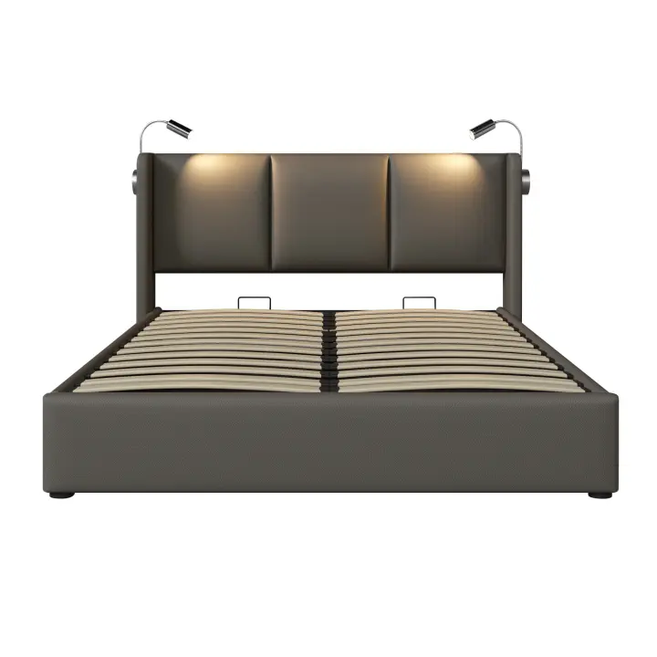 Somier Cama Juvenil PU 140x200 with somier (with colchón) Cama tapizada Cama Doble Caja de Almacén Lámpara de Lectura con función de carga USB Cabecero, Cama de Almacén Somier - 1
