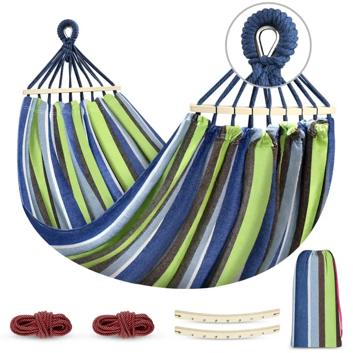 Hamaca Colgante COMODA Y resistant with Barra de Madera antivuelco y Cuerda para exterior/interior, patio, 275x155 cm, capacidad de carga de 250 kg. - 1