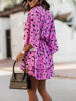 Vestido Estampado De Verano Para Mujer Con Manga Corta Estilo Casual Elegante Con V-Neck Y Mangas Onduladas A-Line Longitud De Rodilla Para Comunicación Y Vacaciones - details 2