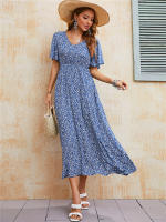 Vestido Bohemio Vintage De Verano Para Mujer Azul Con Cintura Elástica Estilo Casual Vestido De Playa Midi Con Mangas Butterflies - details 1