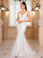 Vestido De Noche De Encaje Organza Blanco Con Vuelta Y Sin Mangas Para Bodas Y Fiestas De Compromiso Vestido De Mujer De Corte Mermaid De Largo Floor - details 14