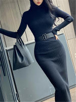 Vestido De Térmica Otoño Invierno Para Mujer Seoulish Con Cuello Alto Y Manga Larga Cinturado Estilo Elegante Oficina Longitud Rodilla Ajustado Bodycon - details 11