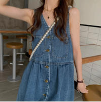 Vestido De Mujer Con Estampado De Vaquero Sin Mangas De Cintura Alta Estilo Casual Spaghetti Strap Denim V-Neck Mini - details 7
