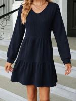 Vestido Largo Suelto Para Mujer Con Manga Larga Y Costuras En Color Sólido Moda Europea Y Americana Para Otoño E Invierno Cuello V Estilo Casual - details 7
