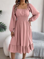 Vestido A-Line De Mujer Elegante Otoño Invierno Color Sólido Cuello Cuadrado Manga Larga Volantes Vestido Midi Casual Polyester Spandex - details 22