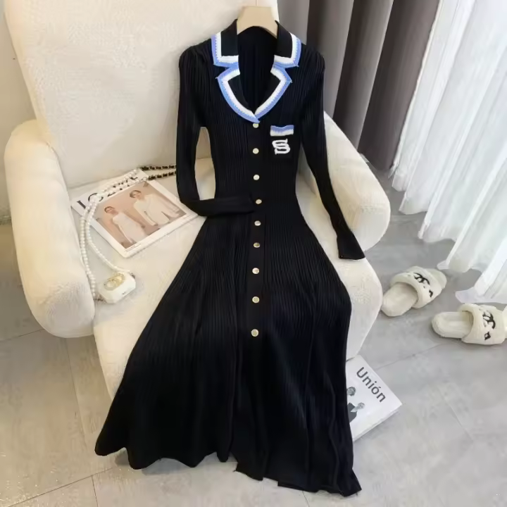 Vestido Maxi De Punto Elegante Con Bordado Y Letras YuooMuoo Para Mujer Estilo Lady Oficina Color Negro Talla Grande Otoño Invierno - 1
