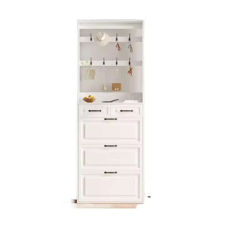 Armaro Zapatero Blanco Moderno con Perchero | 3 Puertas + 2 Cajones | Multifunctional para Entrada y Pasillos | Diseño Compacto para Espacios Reducidos - 1