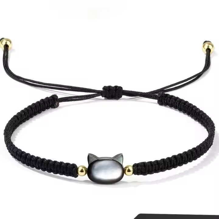 Pulsera De Gato Negro Y Blanco Ajustable Para Mujer Con Encanto De Luna Natural Y Obsidiana Diseño Sencillo Hecho a Mano Pulsera Lindo Gato Para Niñas - 1