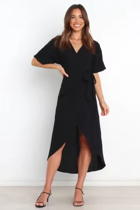 Vestido De Tobillo Elegante De Verano Para Mujer Con Aros Y Cuello V Corto Manga A-Line En Color Negro Decoración De Cuerda - 1