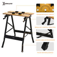 DURHAND Banco de Trabajo Plegable Mesa de Trabajo Portátil con 4 Abrazaderas Agujeros para Sierra Uso Doméstico Carpintería Hierro MDF Soporta 70 kg 56x62x75 cm Natural Negro - details 0