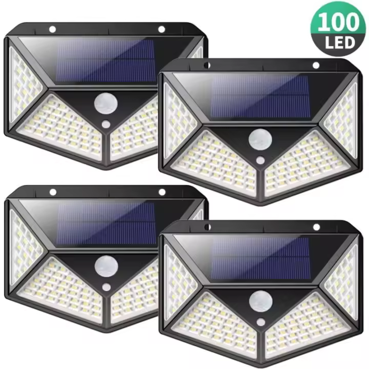 Lámpara solar para exteriores 100 LED 2200 mA Sensor de movimiento de iluminación solar para exteriores, potente foco solar inalámbrico, luz solar con 3 modos de iluminación para jardín, patio - Paquete de 4 - 1