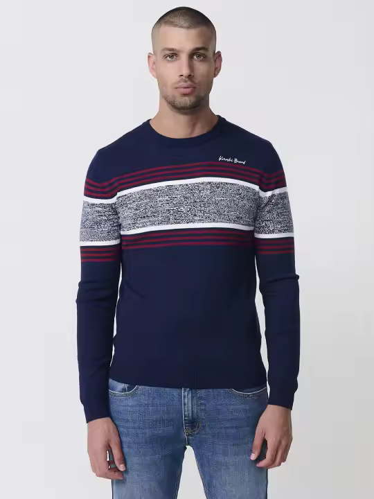 Koroshi - Jersey de punto tricot para hombre con rayas centrales en pecho, cuello redondo y manga larga — 51% viscosa, 21% poliamida, 28% poliéster - 1