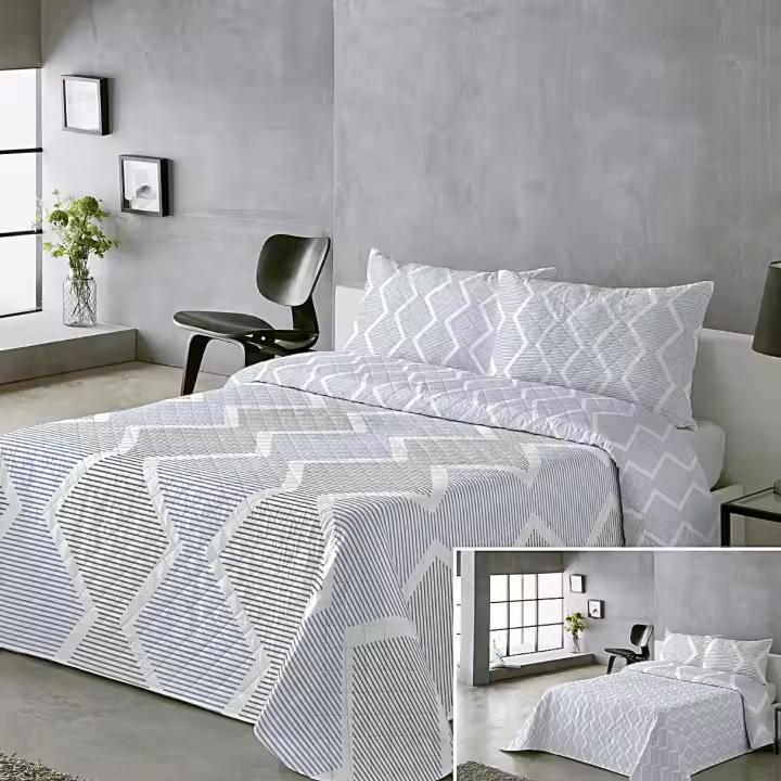 Colcha Bicolor Azul Gris - Reversible con 2 Diseños + Fundas de Almohada | Tallas Cama 90  (1 Funda), Cama 135/150 (2 Fundas)  | Termosellada No hace bolitas y Fácil Planchado - 1