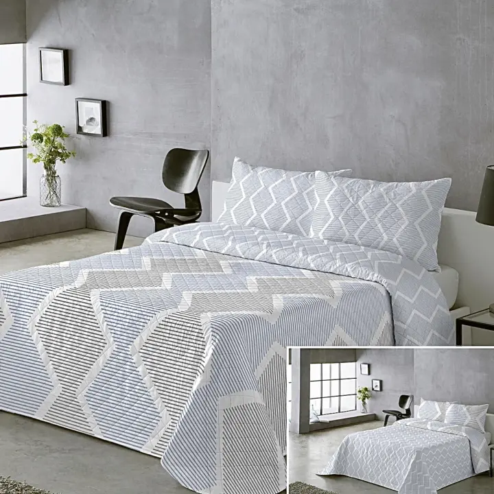 Colcha Bicolor Azul Gris - Reversible con 2 Diseños + Fundas de Almohada | Tallas Cama 90  (1 Funda), Cama 135/150 (2 Fundas)  | Termosellada No hace bolitas y Fácil Planchado - 1