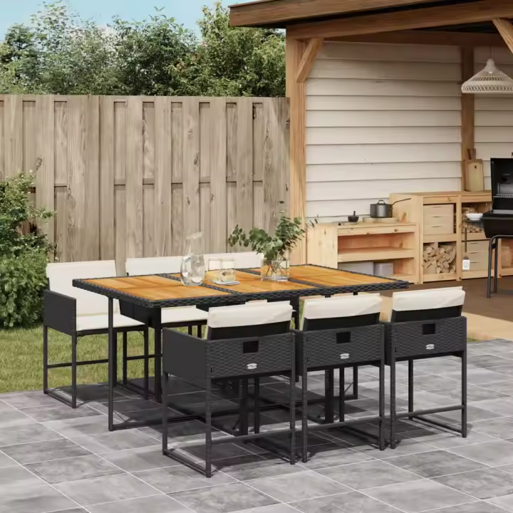 vidaXL Set de comedor de jardín 7 pzas y cojines ratán sintético negro - 1