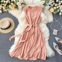 Vestido De Mujer YuooMuoo Estilo Coreano Verano 2025 Casual Sólido Sin Mangas Cinta Bandage Negro Vintage Elegante Vestido Midi O-Neck - details 1