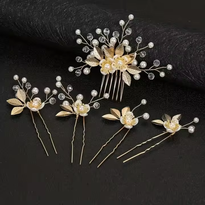 Juego De 5 Accesorios De Cabello De Luxo En Cristal Para Mujer Estilo Romántico Joyería Para Boda Y Fiestas Clip Y Peine - 1