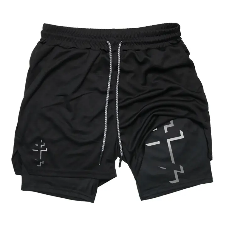 Shorts De Entrenamiento Para Hombre Con Estampado Cruzado Y Bolsillo Para Teléfono Y Anillo De Toalla Cinturón Elástico Deportivos Cristianos - 1