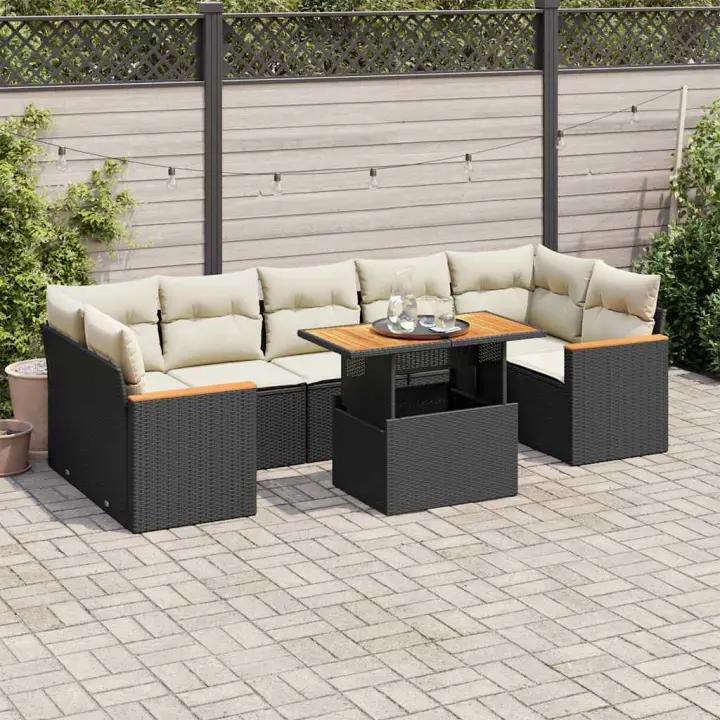 vidaXL Set sofás jardín y cojines 8 pzas ratán sintético acacia negro - 1