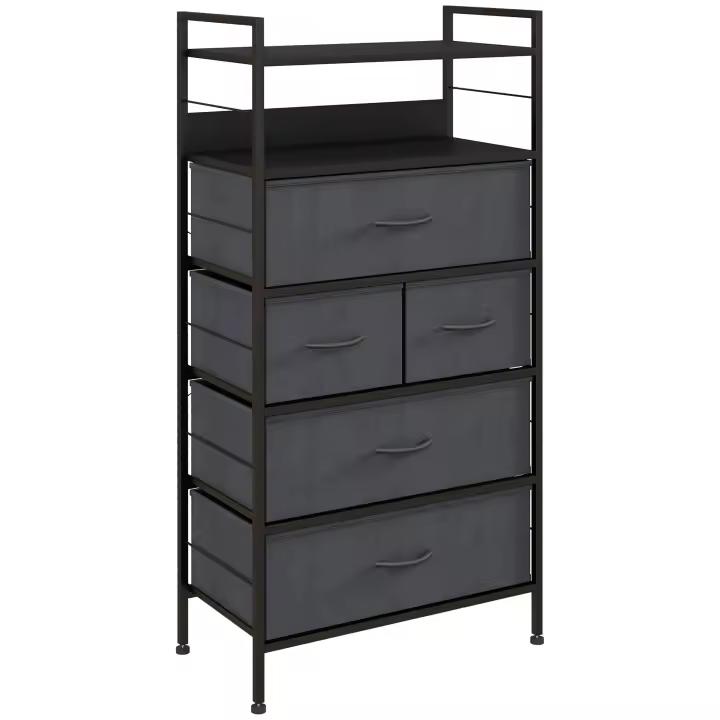 HOMCOM Cómoda Chiffonnier Armario de almacenamiento con 5 cajones de tela extraíbles y 2 estantes Estructura Acero dim. 58L x 30W x 120H cm Negro - 1