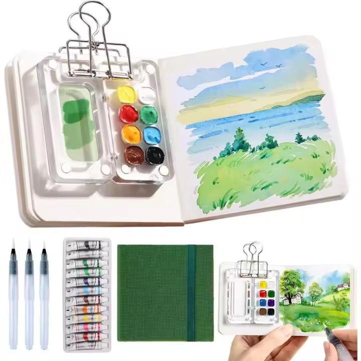 Mini juego de pintura de acuarela, kit de viaje de pintura con paleta de acuarela de bolsillo en miniatura y compacto con cuaderno de bocetos y caja de pintura acrílica de 8 cuadrículas, paquete de paleta de pintura lista para viajar - 1