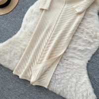 Vestido Largo Vintage De Cintura Alta REALEFT Para Mujer Con Cuello Redondo Manga Larga Y Abertura Lateral Vestido De Encaje Tricotado - details 22
