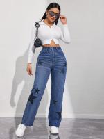 Jeans De Cintura Media Para Mujeres Con Estampado De Estrellas Pantalones De Mezclilla Sueltos Y Largos Estilo Casual - details 6