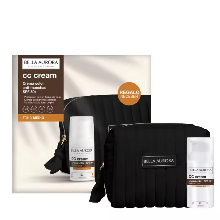 Bella Aurora I CC Cream Crema Color Anti-Manchas SPF 50+ | Protección Alta con Toque de Color Adaptable | Atenúa Manchas Oscuras | Tono Medio | Regalo Neceser Negro | 30 ml - 1
