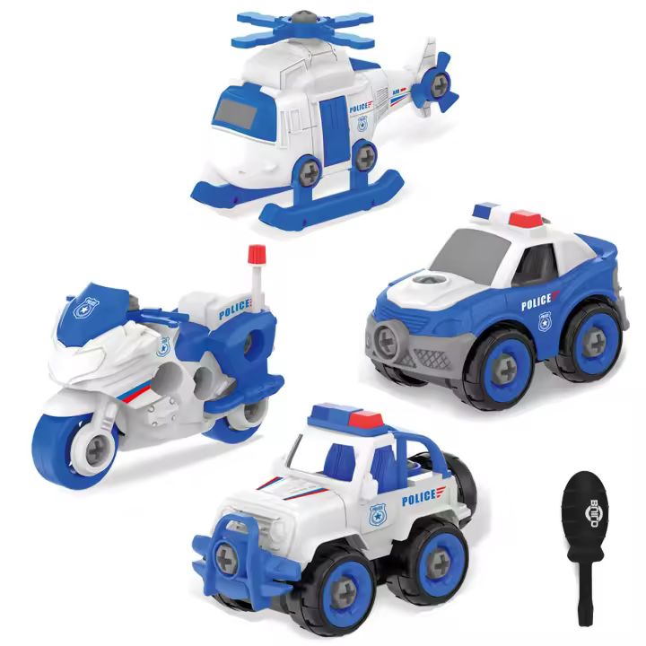 4 piezas de montaje de coche de Policía juguetes de construcción para niños de 3 A 8 años, excavadora de construcción - 1