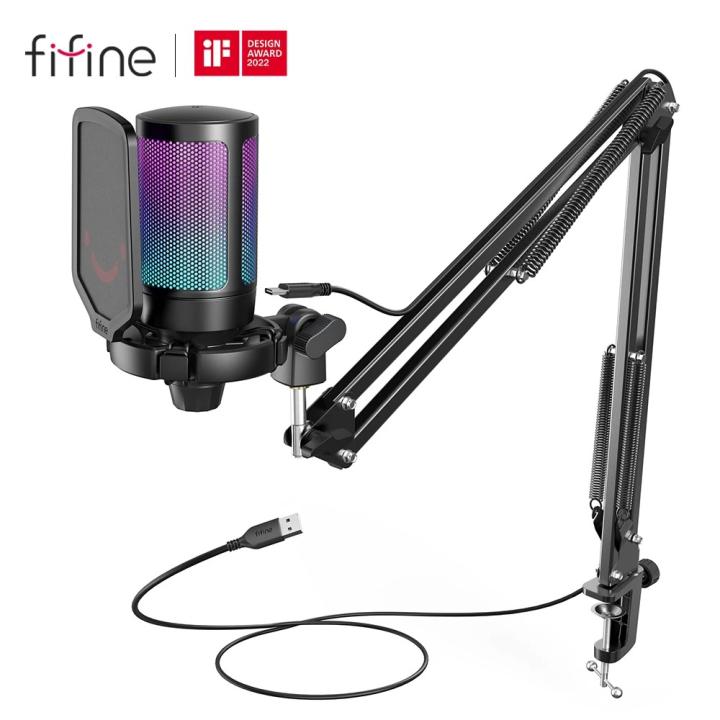 FIFINE A6T Kit de Micrófono USB para Juegos – Micrófono de Condensador Cardioide con Botón de Silencio, Iluminación RGB y Brazo Soporte, Compatible con PC, PS4/PS5, Ideal para Streaming