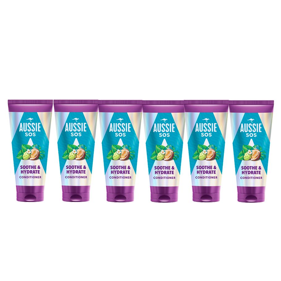 Aussie SOS Soothe & Hydrate Acondicionador Para Pelo Y Cuero Cabelludo Muy Secos. Hidrata Intensamente Y Desenreda El Cabello. Deja El Pelo Suave, Liso Y Brillante De Raíz A Puntas. Vegano 6 unidades de 200ml