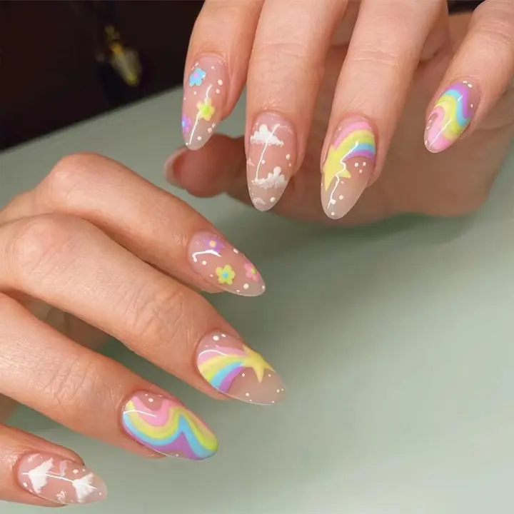 24 uñas postizas Cortas de Almendra, uñas adhesivas de colores del Arch Iris, Uñas postizas con forma de Estrella, Uñas postizas extraíbles con pegament, Uñas postizas de cobertura complete, arte de uñas para Mujeres y niños - 1