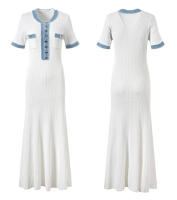 Vestido Maxi De Punto Elegante Para Mujer Con Cuello Redondo Y Manga Corta Botones Metálicos Ajustado Para Oficina Y Viajes - details 13