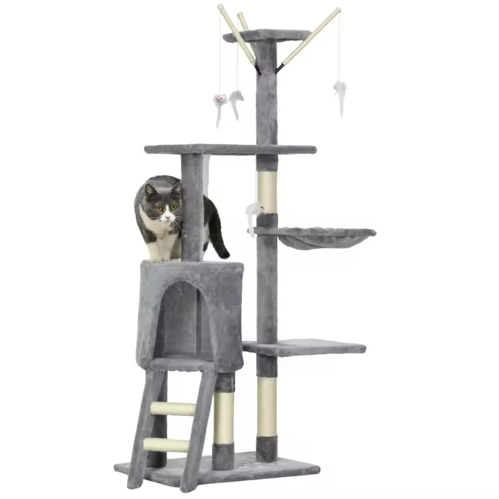 PawHut Árbol para gatos Rascador Grande 50x35x134,2 cm con Nidos Plataformas Casetas Ratón de Juego Cubierto de Felpa Beige - 1