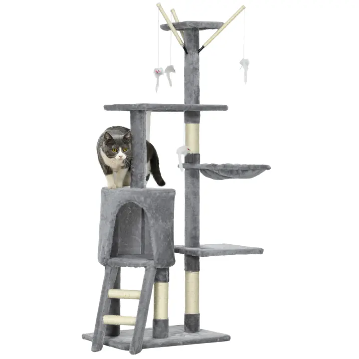 PawHut Árbol para gatos Rascador Grande 50x35x134,2 cm con Nidos Plataformas Casetas Ratón de Juego Cubierto de Felpa Beige - 1
