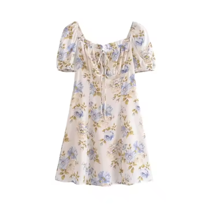 Vestido retro de manga corta con escote cuadrado para mujer con cordón en el pecho, minifalda floral de corte en A de cintura alta ajustada - 1